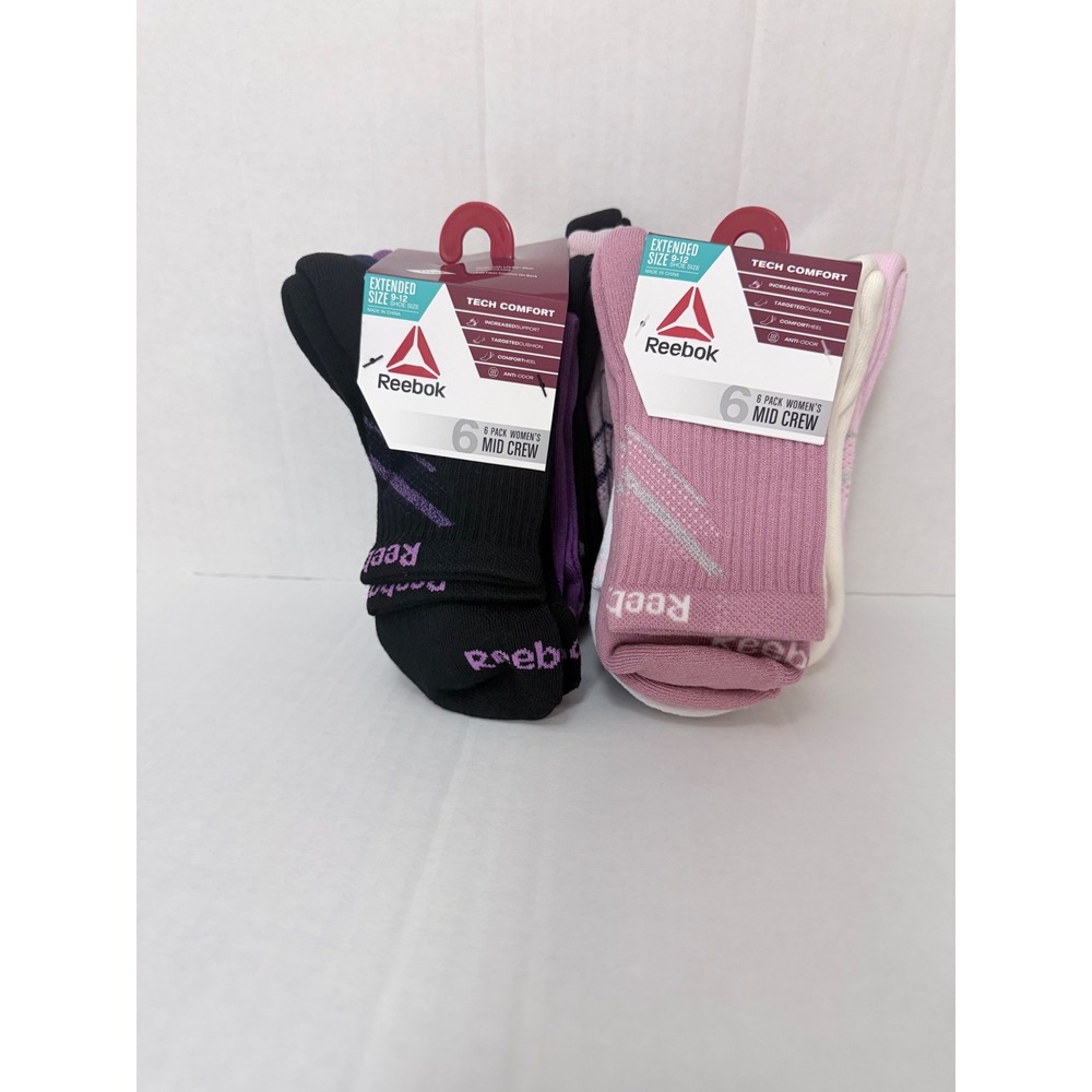 Reebok Womens Tech Comfort Mid Crew Socks 12 Pack Extended Size 9-12 Black Pink - Picture 1 of 6